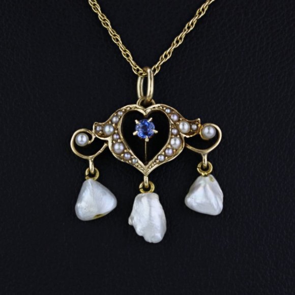 Jewelry - Antique Edwardian 14k Gold Sapphire + Pearl Heart Pendant Necklace (c.1900)